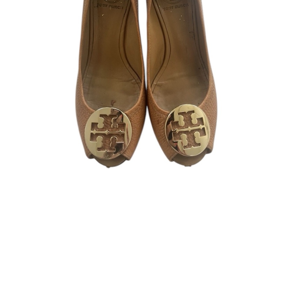 Tory Burch Sally Wedge Leather Camel Gold Logo Peep-toe Wedged 9&1/2